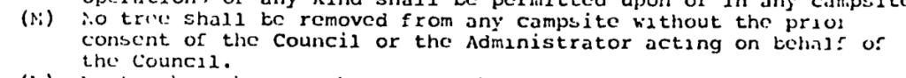 Screen shot of Article X1, Section M of the Elm Village Master Deed, which states "No tree shall be removed from any campsite without the prior consent of the Council or the Administrator acting on behalf of the Council.